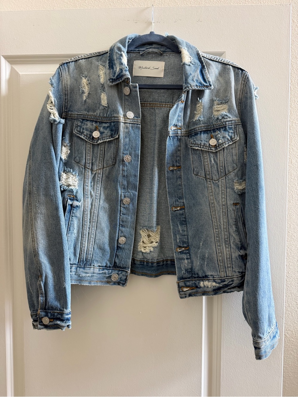 Mustard Seed Light Blue Distressed Denim Trucker Jacket